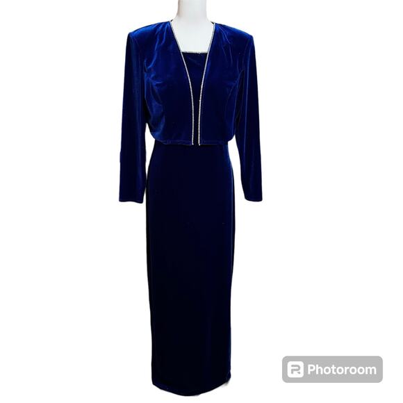 Vintage 90s Royal Blue Velvet Maxi Dress Jacket Set Size M Rhinestone Trim Prom - Picture 3 of 11
